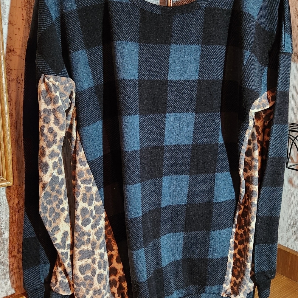 Blue and Black Plaid Sweater with Leopard Sleeves